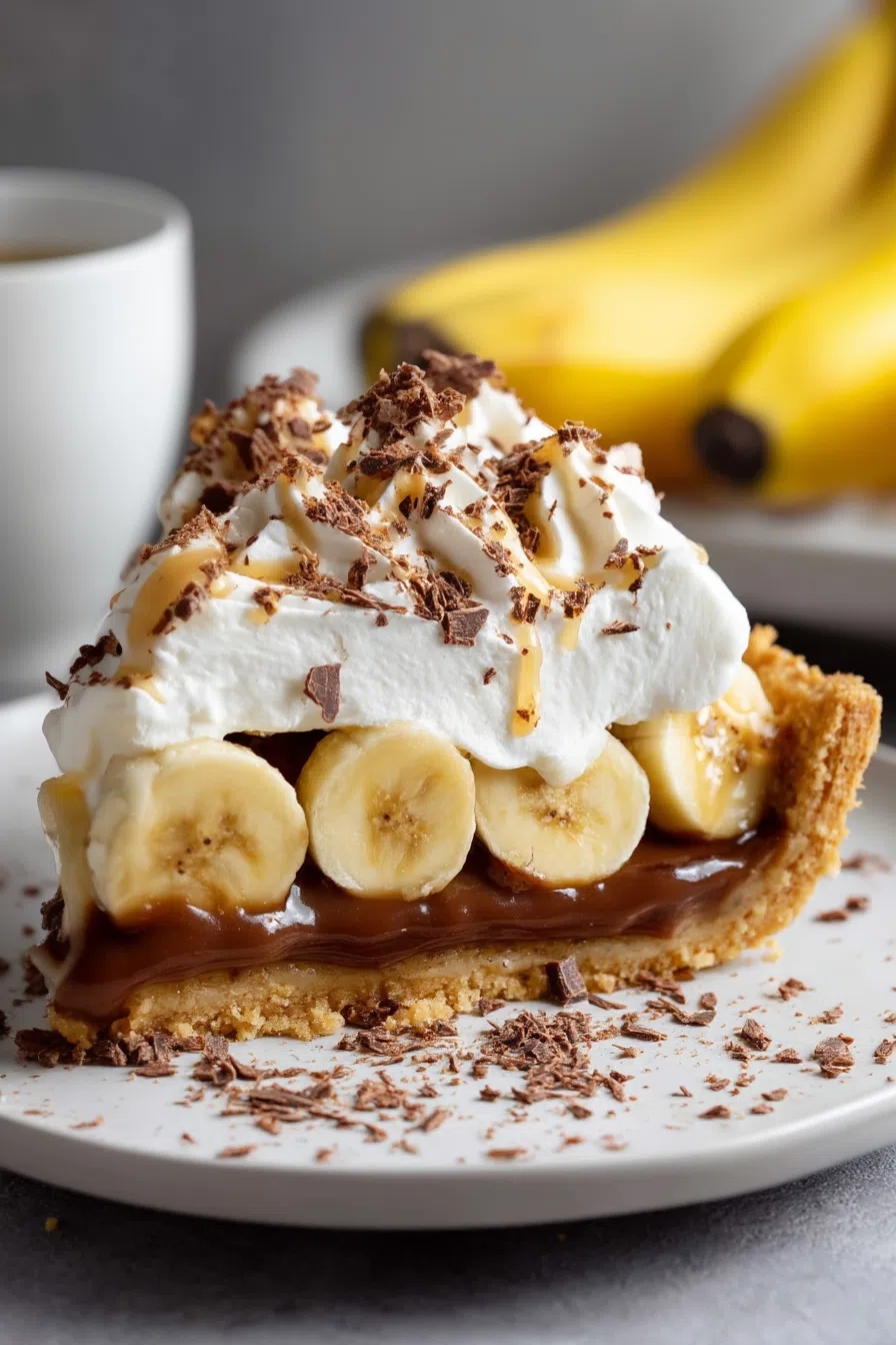 Close-up of a layered pie showing golden crust, caramel filling, and banana slices.