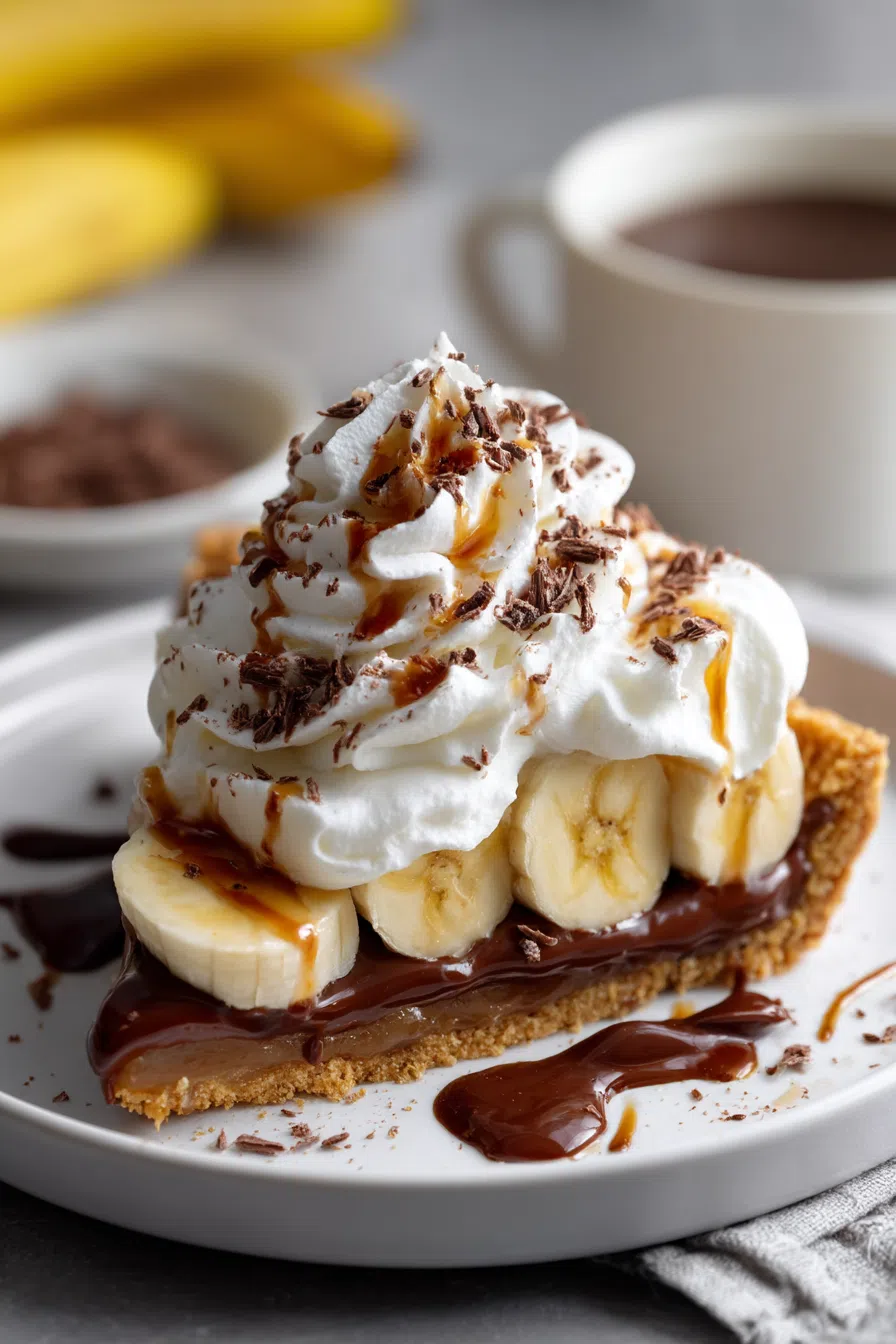 Slice of creamy dessert topped with whipped cream and chocolate shavings on a ceramic plate.