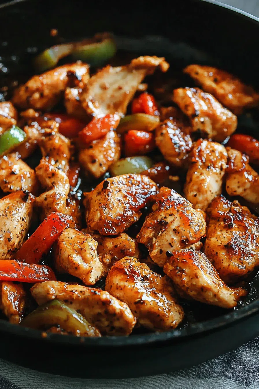 Dinner plate filled with tender stir-fried pieces and sautéed vegetables.