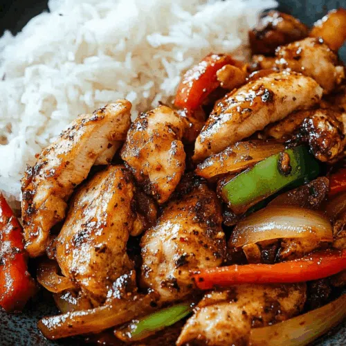 Close-up of a glossy, savory dish served over steamed white rice.