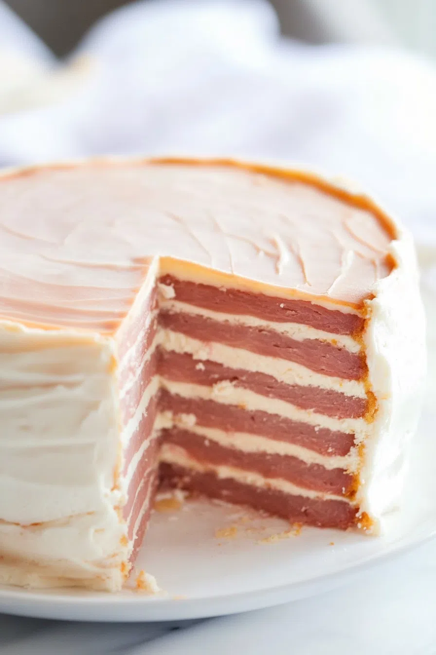 Overhead view of a stacked creation with sliced edges visible