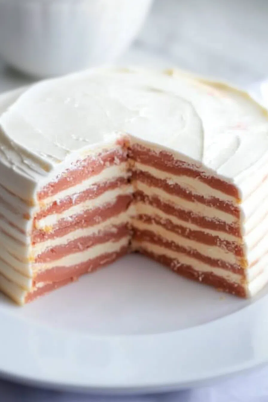 A layered appetizer topped with a decorative swirl of creamy spread