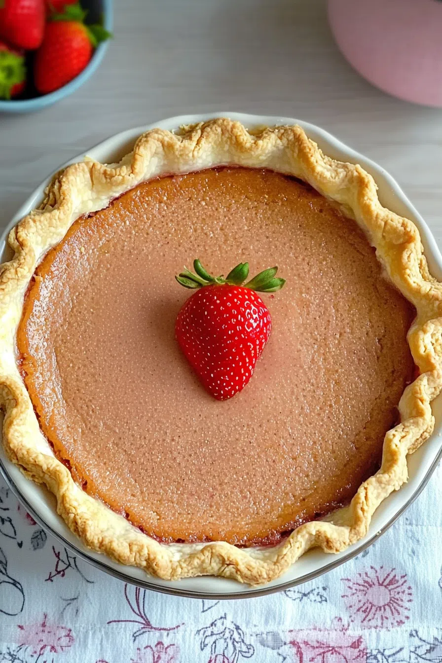 Whole baked pie with a crisp, caramelized top and juicy interior peeking through.