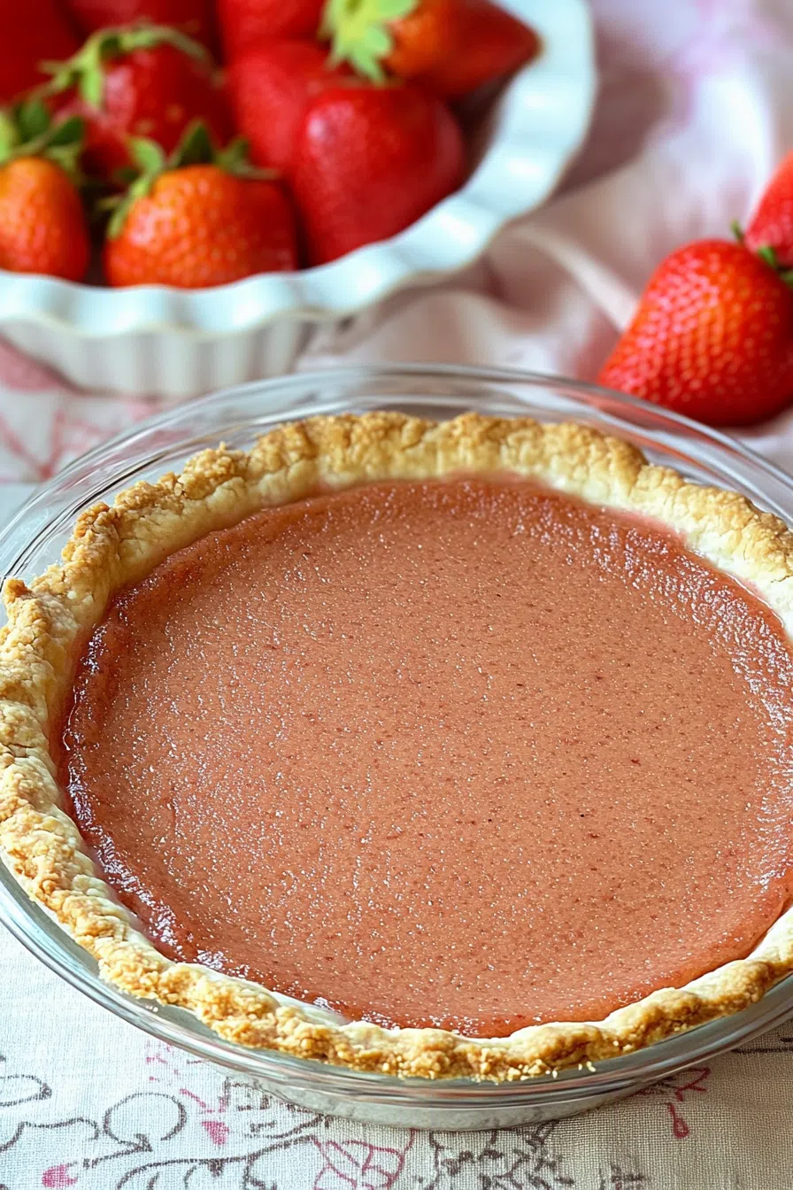 Top-down view of a baked pie with a buttery crust and bubbling red center.