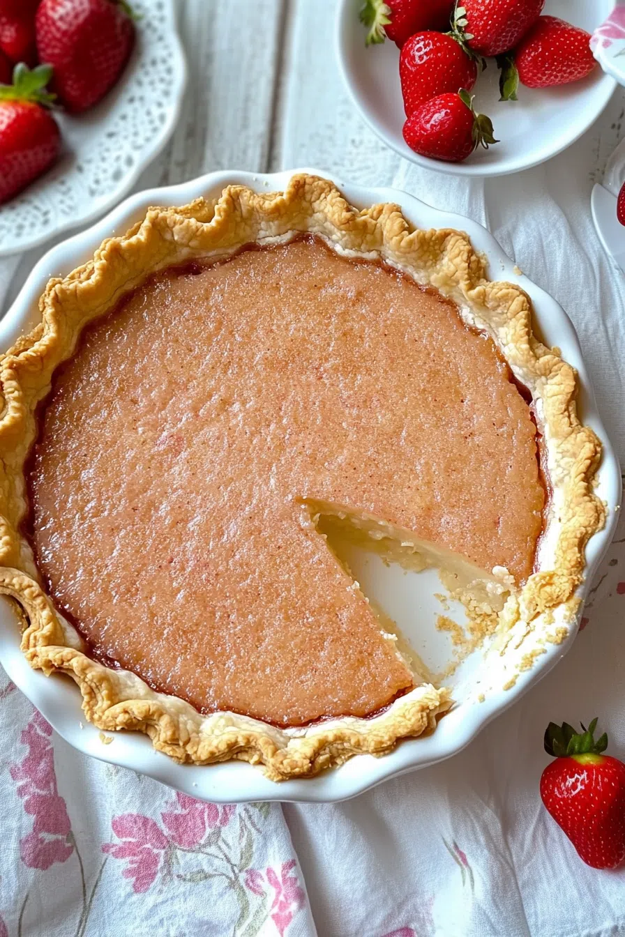 Overhead view of a rustic pie served on a linen-covered table with crumbs scattered