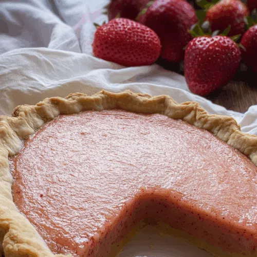 Close-up of the pie’s flaky edge and caramelized topping.
