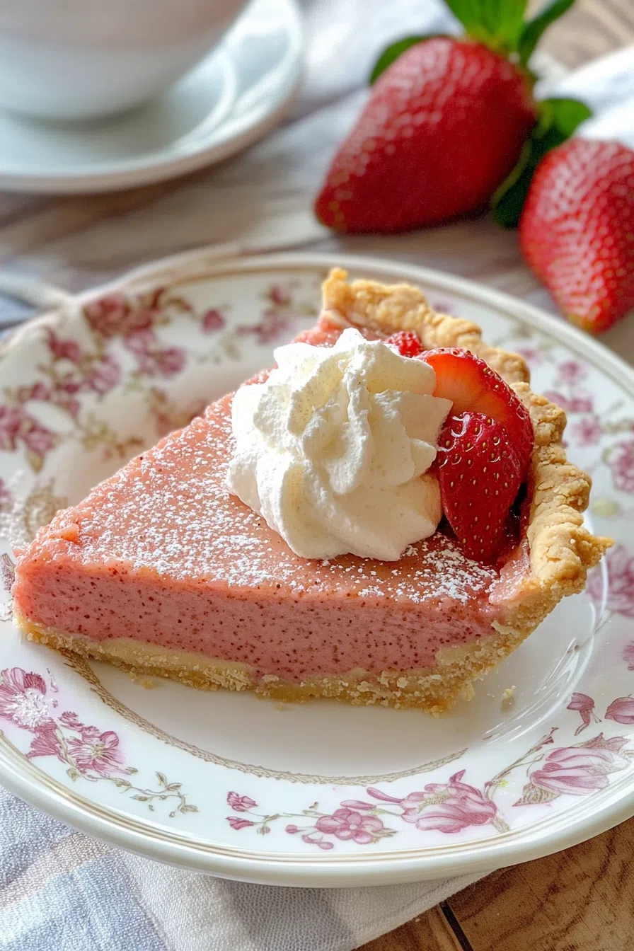 Slice of fruit pie on a plate with a buttery golden crust and glossy red filling.