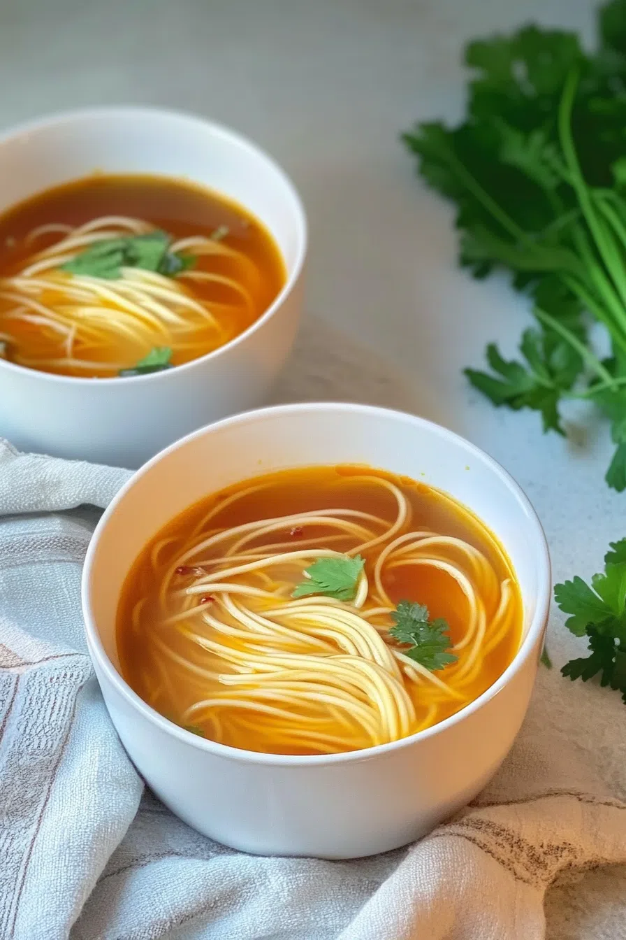 Golden-hued broth with floating noodles and subtle greens.