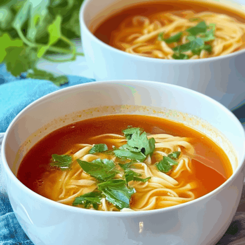 Close-up of steaming soup garnished with chopped herbs.