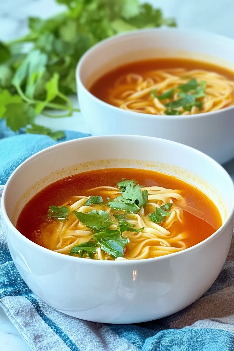 Close-up of steaming soup garnished with chopped herbs.