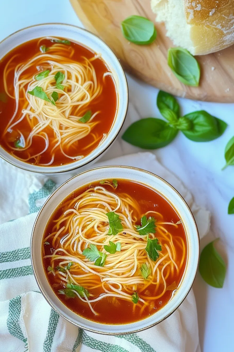 Overhead shot of a light soup with tender strands of pasta.