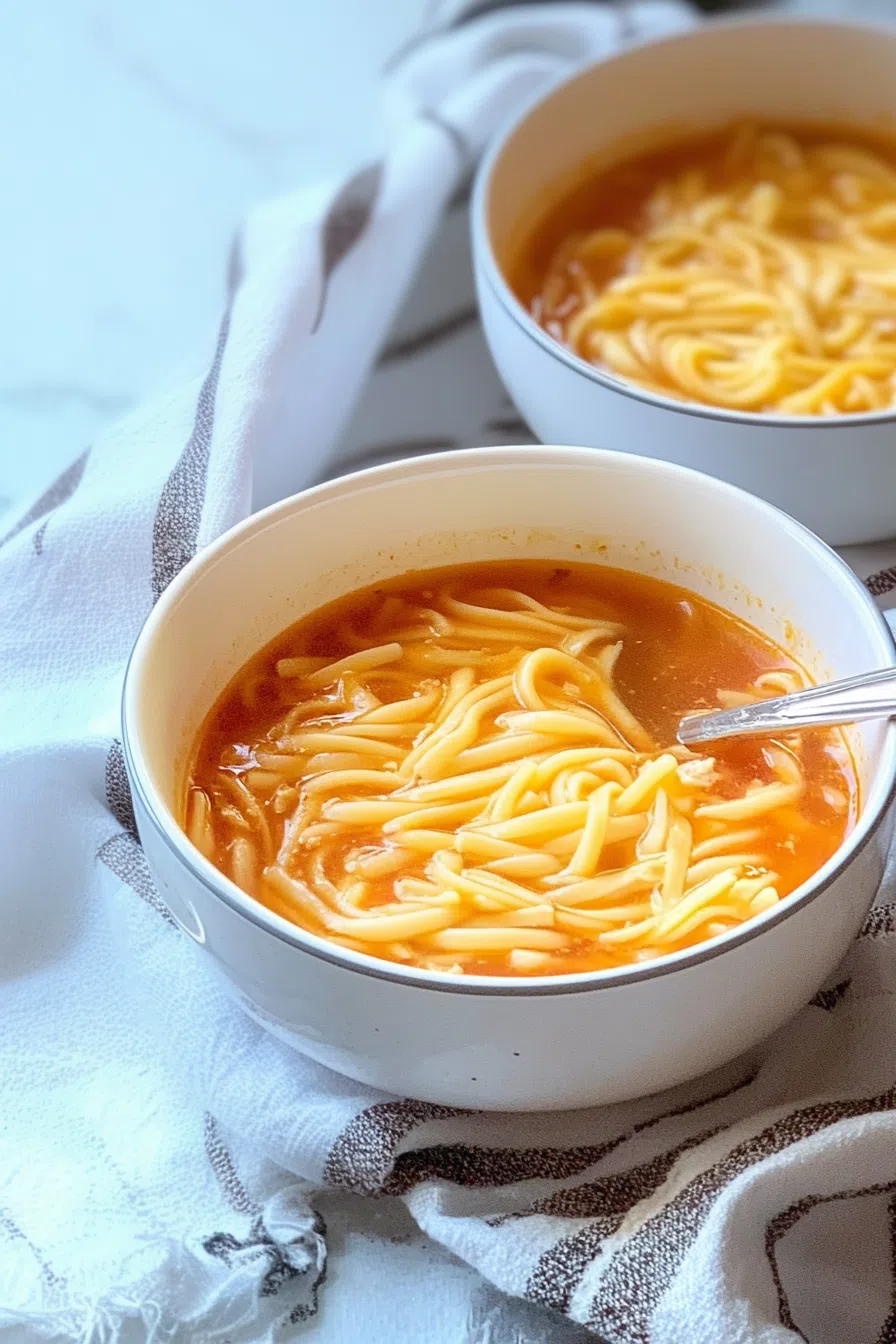 Warm, clear broth served in a white bowl with fine noodles.