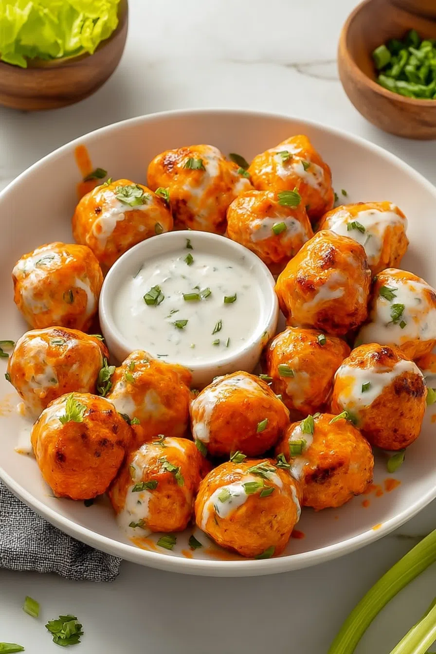 Glazed meatballs arranged on a serving platter with a side of dipping sauce.
