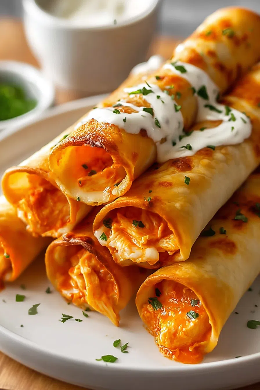Plate of rolled snacks served with a drizzle of sauce and fresh herbs.