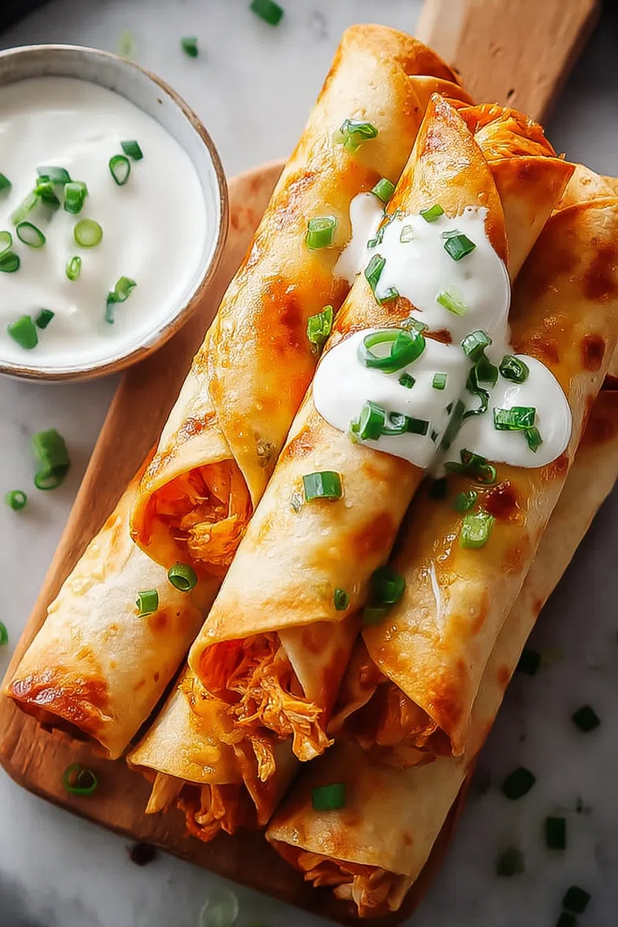 Overhead shot of baked taquitos beside a bowl of dipping sauce.