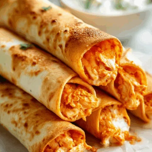 Close-up of a sliced taquito revealing a creamy, savory filling.