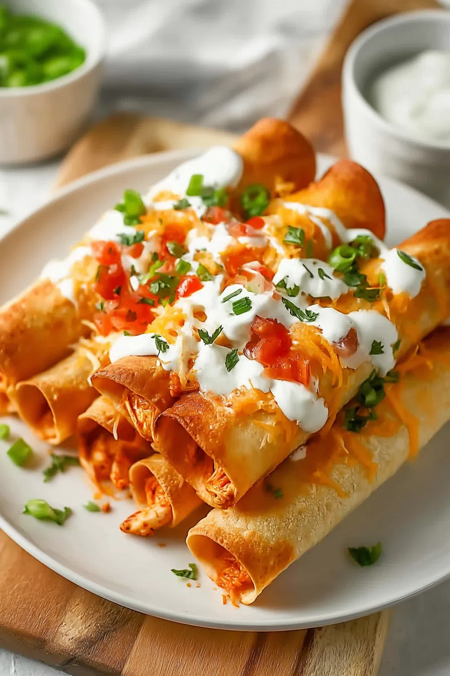 Golden-brown rolled tortillas arranged neatly on a serving platter.