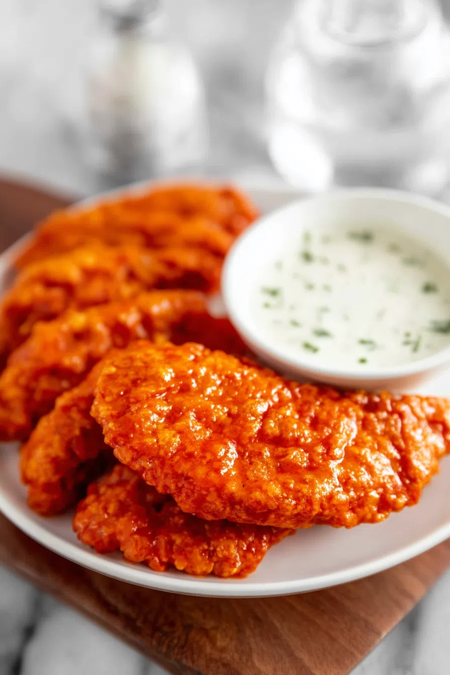 Plate of crunchy, spicy fried chicken served with ranch dressing.
