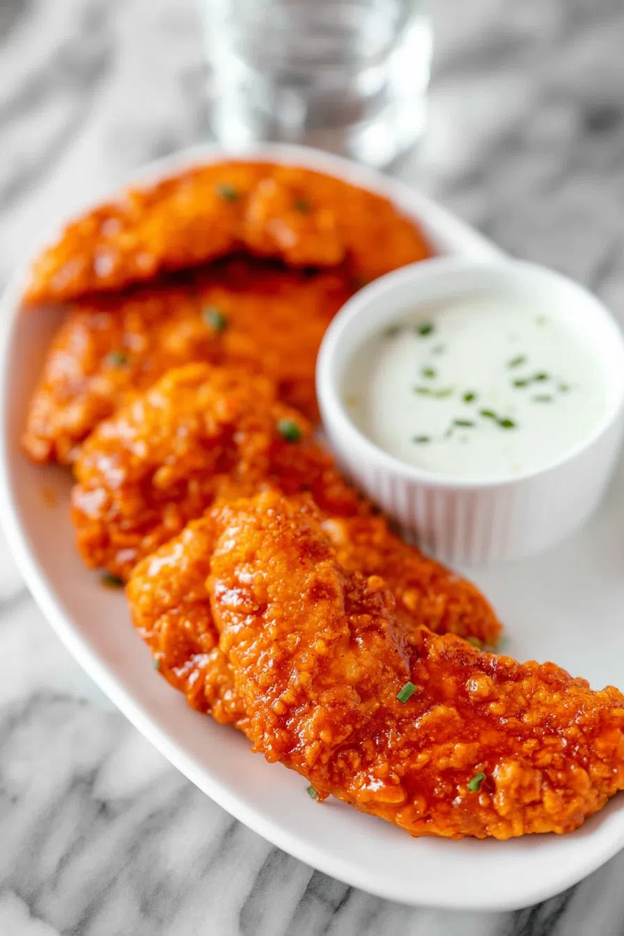 Overhead view of breaded strips drizzled with bright orange glaze and chopped herbs.