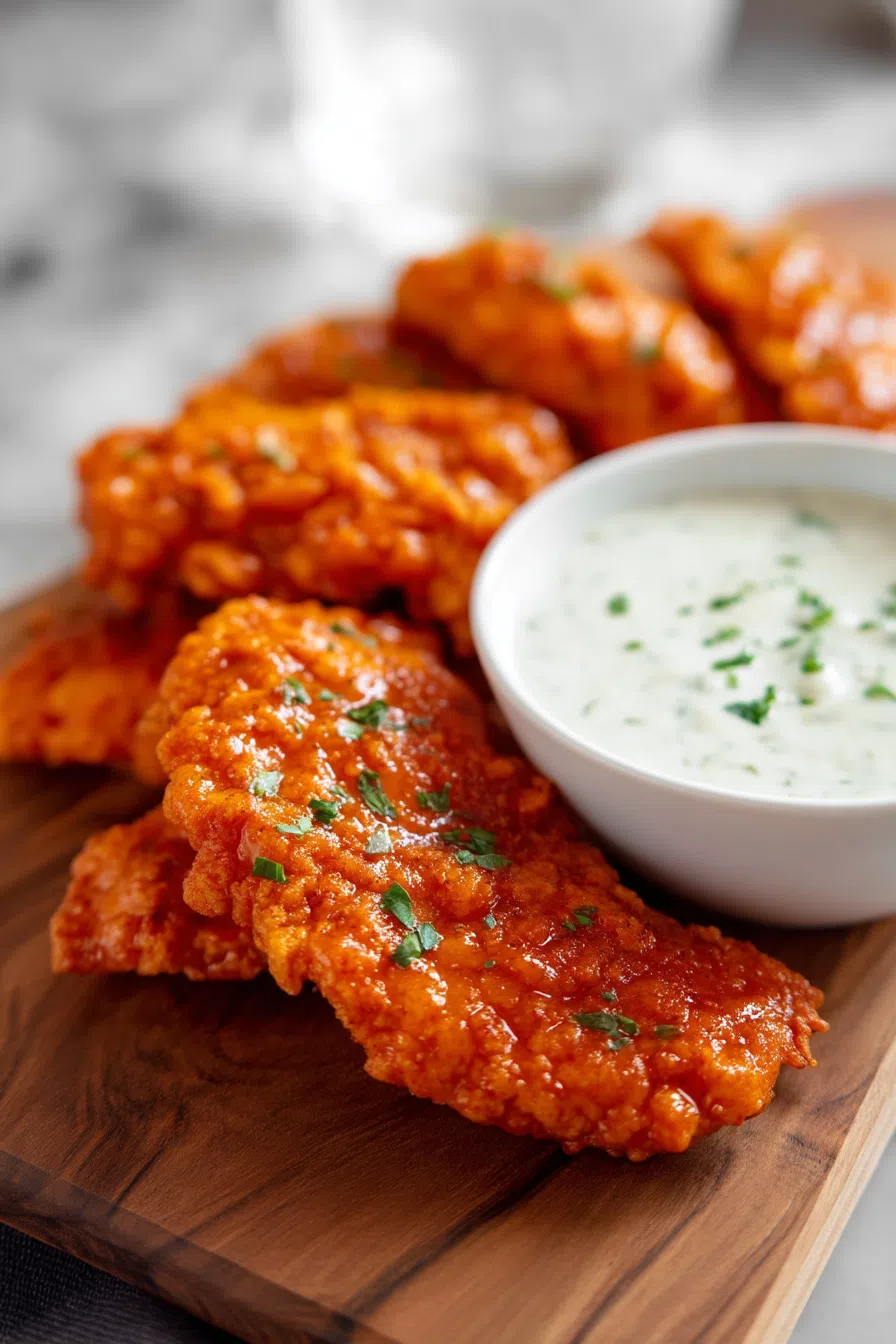 Close-up of sauced chicken pieces on a wooden board.