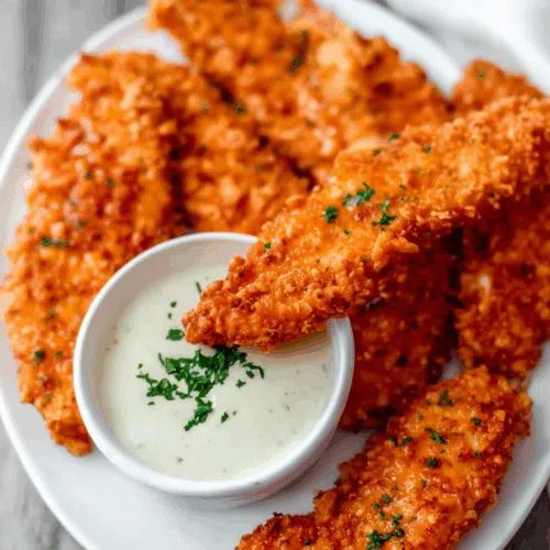 Crispy, golden tenders arranged on a platter with a side of dipping sauce.