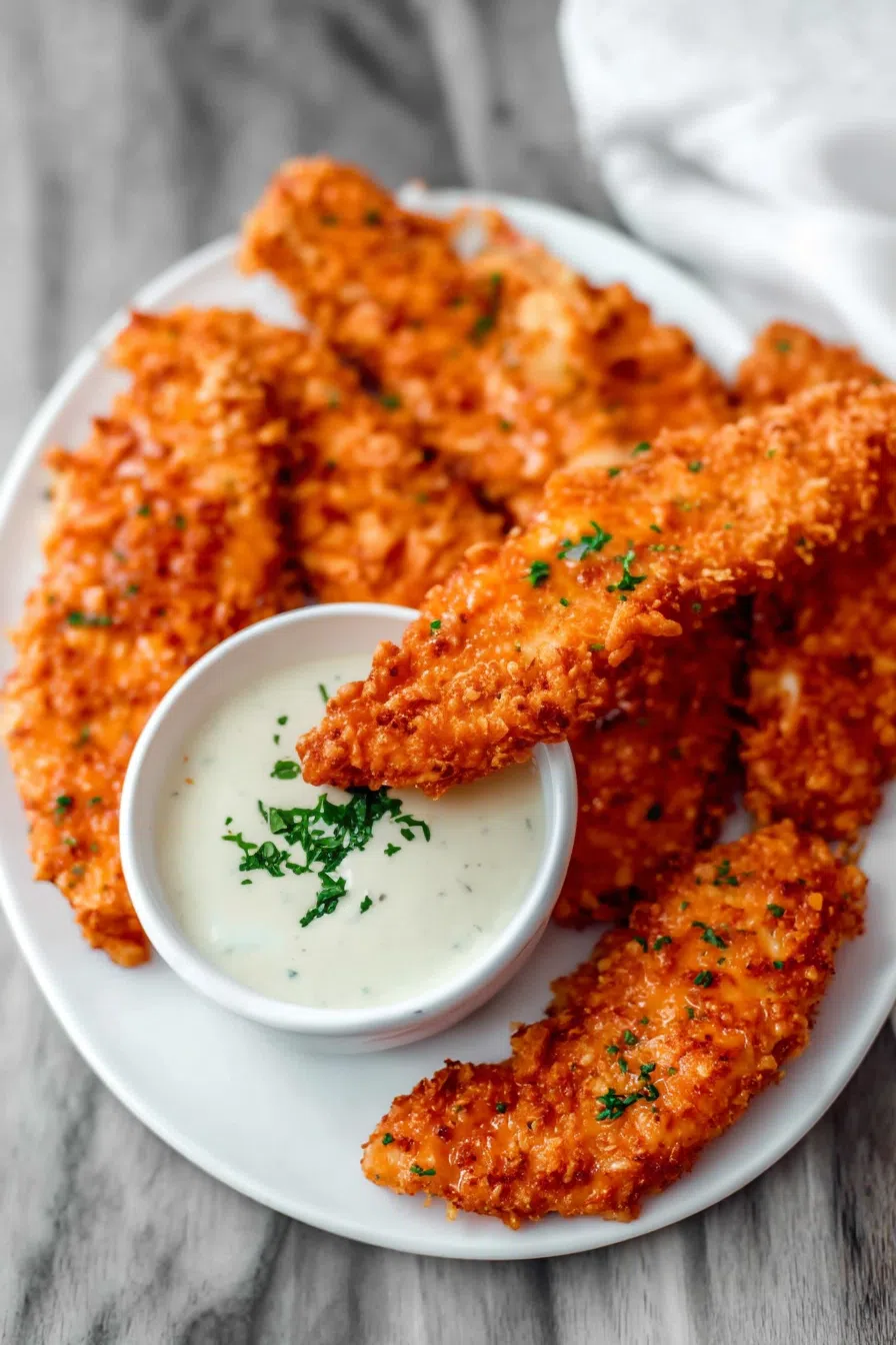 Crispy, golden tenders arranged on a platter with a side of dipping sauce.