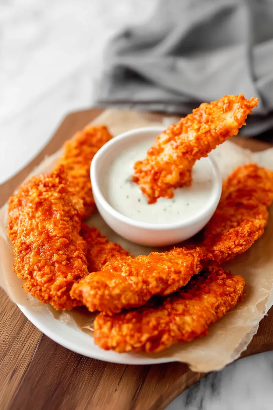 Overhead shot of saucy tenders glistening next to a ramekin of ranch dressing.