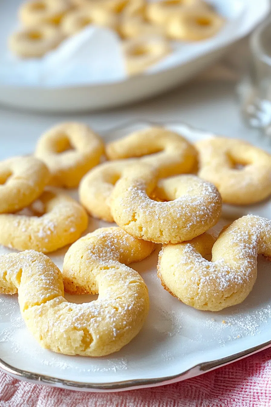 Plate of delicate golden cookies dusted with powdered sugar, arranged neatly on a lace doily.