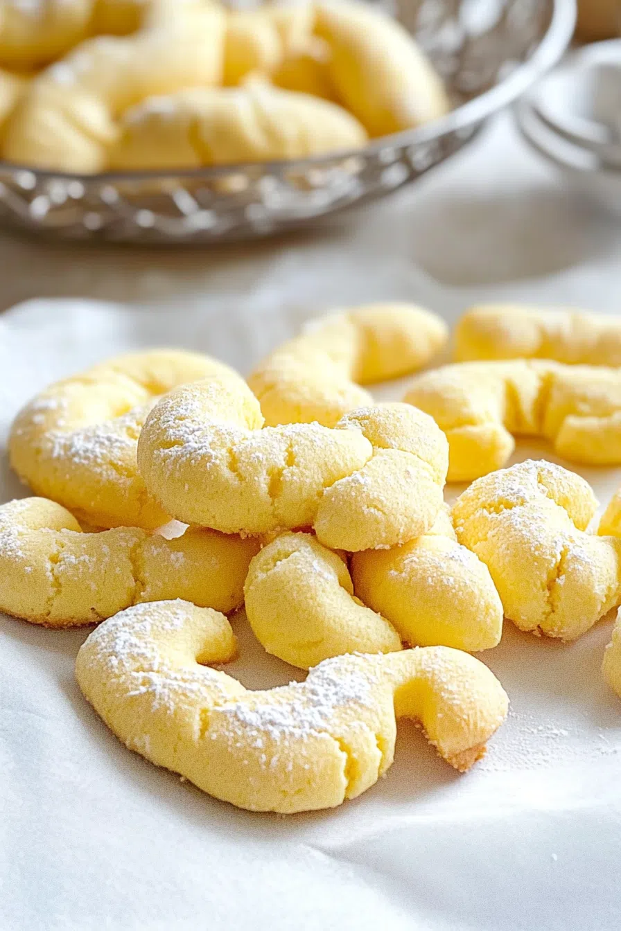 Close-up of delicate baked treats with a light dusting of sugar, resting on a linen napkin.