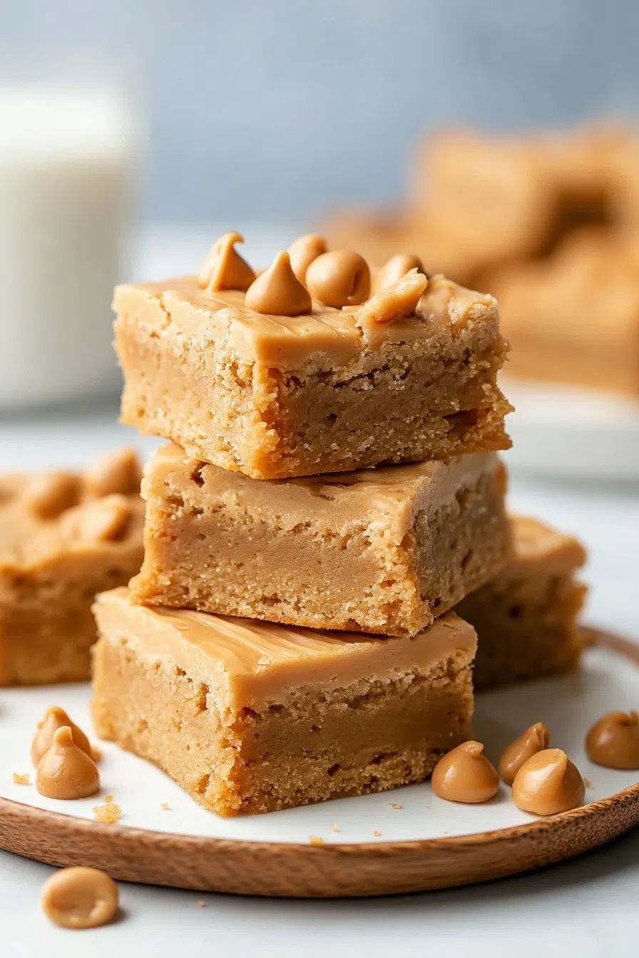 Golden dessert squares stacked neatly on a serving plate.