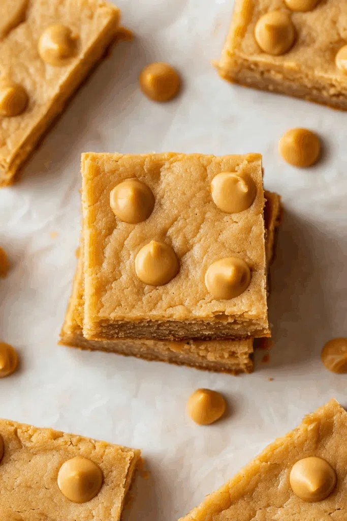 Cut bars shown on parchment paper with crumbs around the edges.