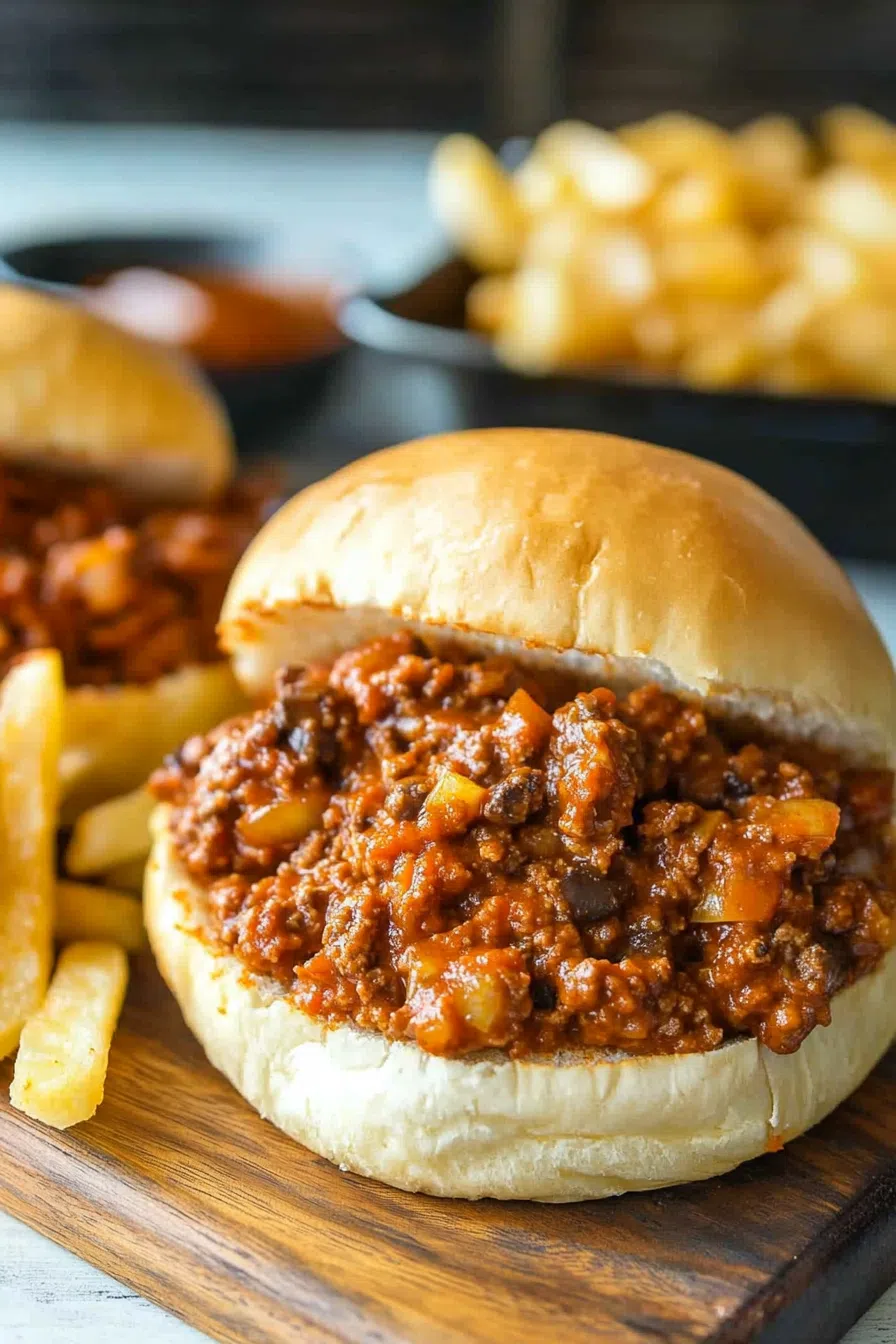 Plated sandwich served with a side of crispy fries and a pickle spear.