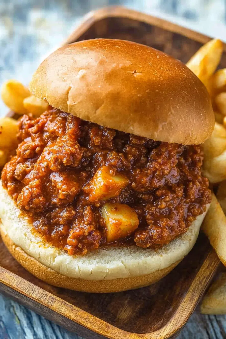 Close-up of a hearty sandwich with saucy filling and golden bun.