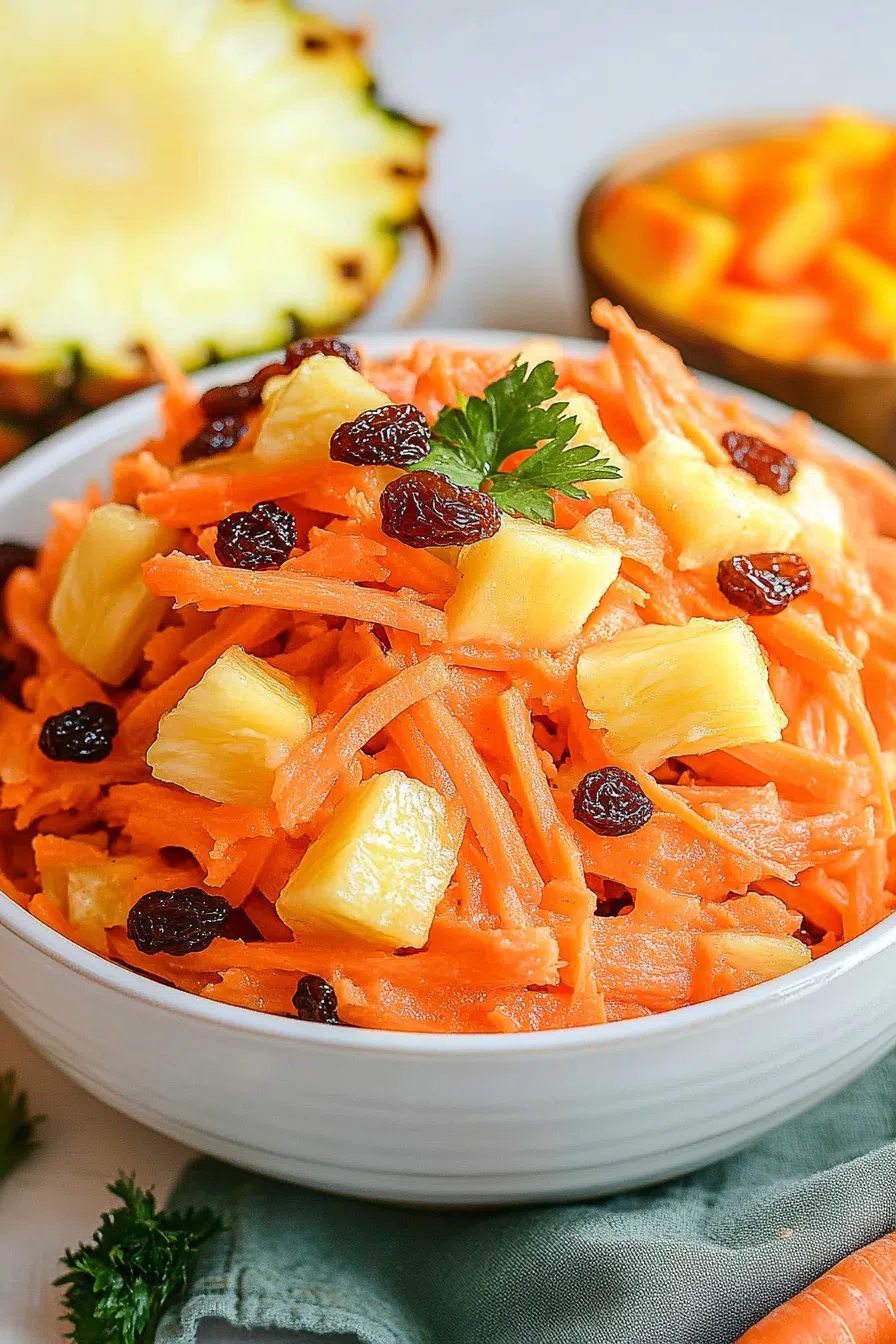 Close-up of a vibrant slaw-style mixture with raisins and flecks of orange.