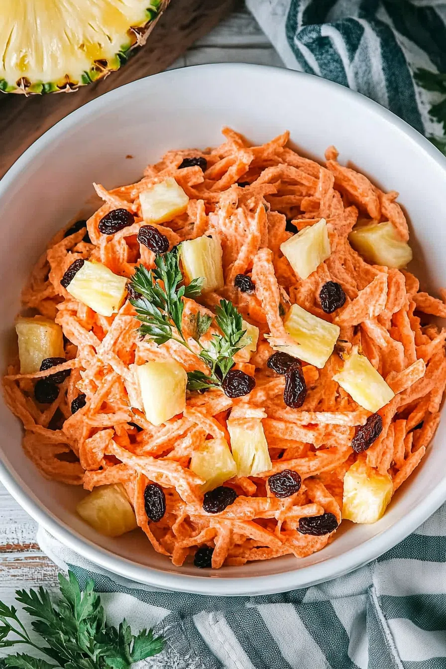 Colorful shredded vegetable dish with a creamy dressing and sweet mix-ins.