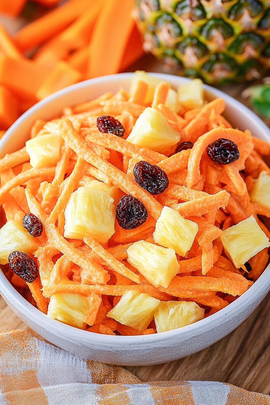Overhead shot of a fresh, sweet-savory salad styled on a wooden table.