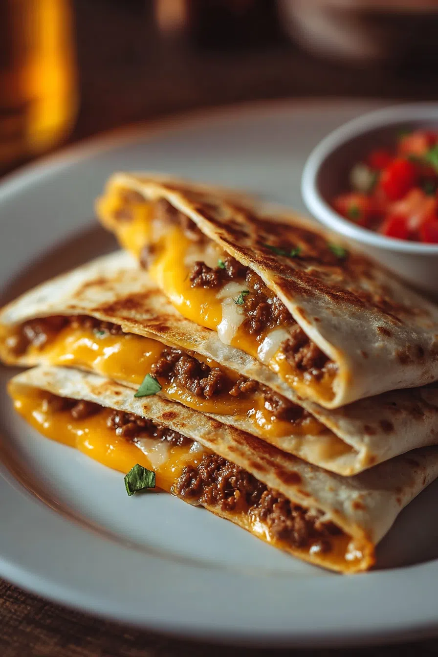 Overhead shot of toasted wedges with melted cheese oozing out.