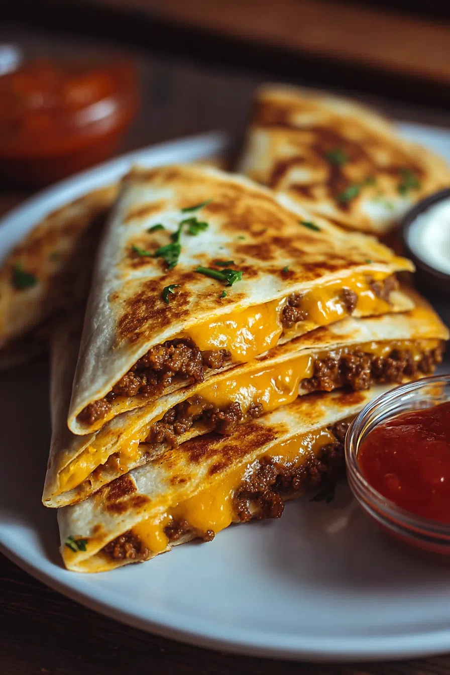 Quesadilla slices served on a plate with a sprinkle of fresh herbs.
