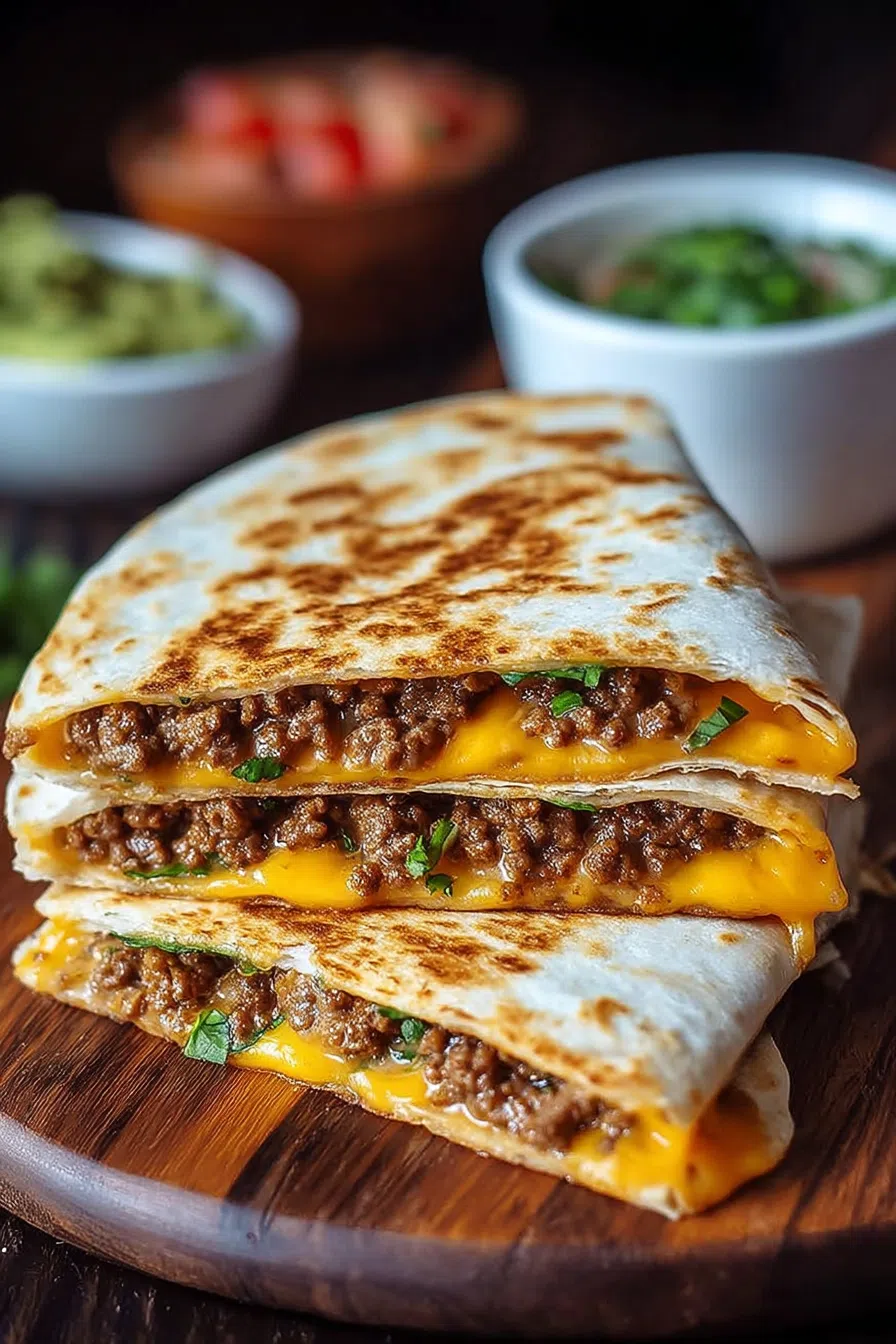 Golden-brown quesadilla wedges stacked on a wooden serving board.