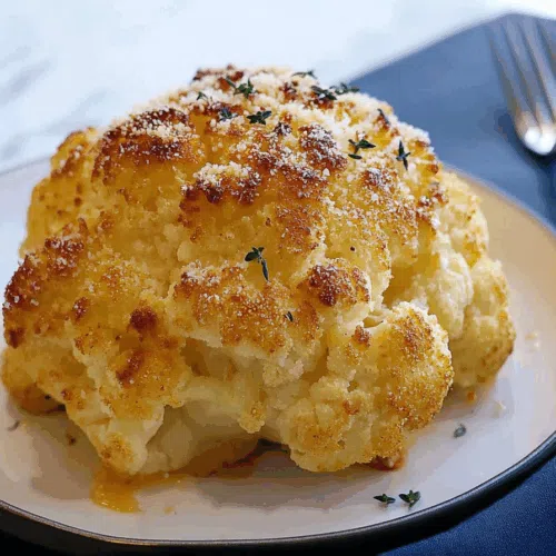 Close-up of browned cheese and soft, roasted florets in a white ceramic dish.