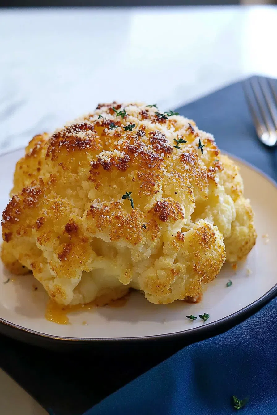 Close-up of browned cheese and soft, roasted florets in a white ceramic dish.