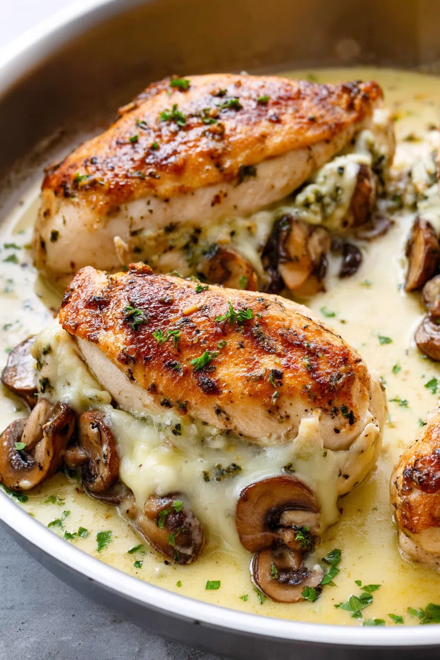 Overhead shot of a stuffed poultry dish garnished with herbs and served hot.