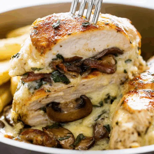 Golden-brown stuffed chicken breast sliced to reveal a savory filling.