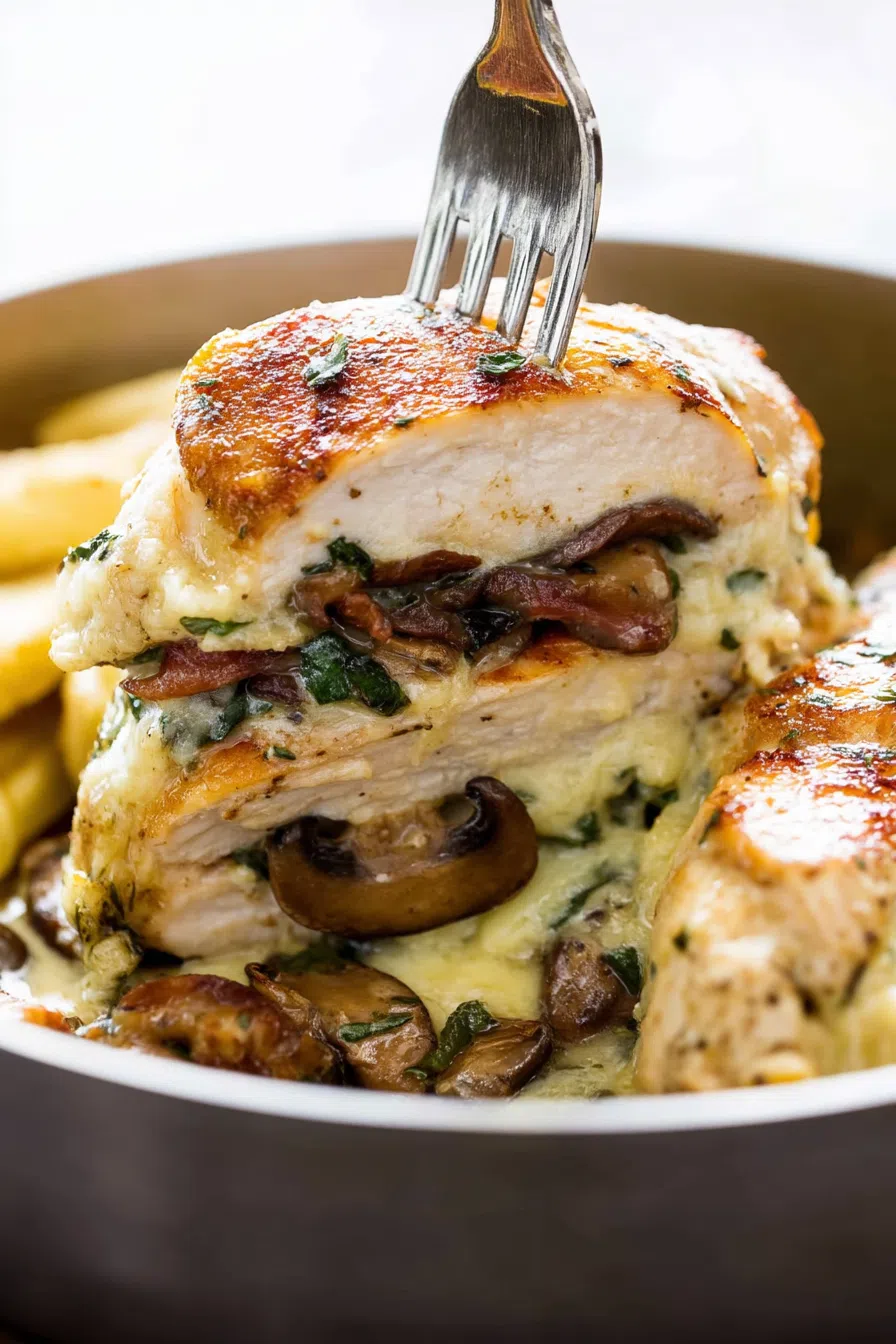 Golden-brown stuffed chicken breast sliced to reveal a savory filling.