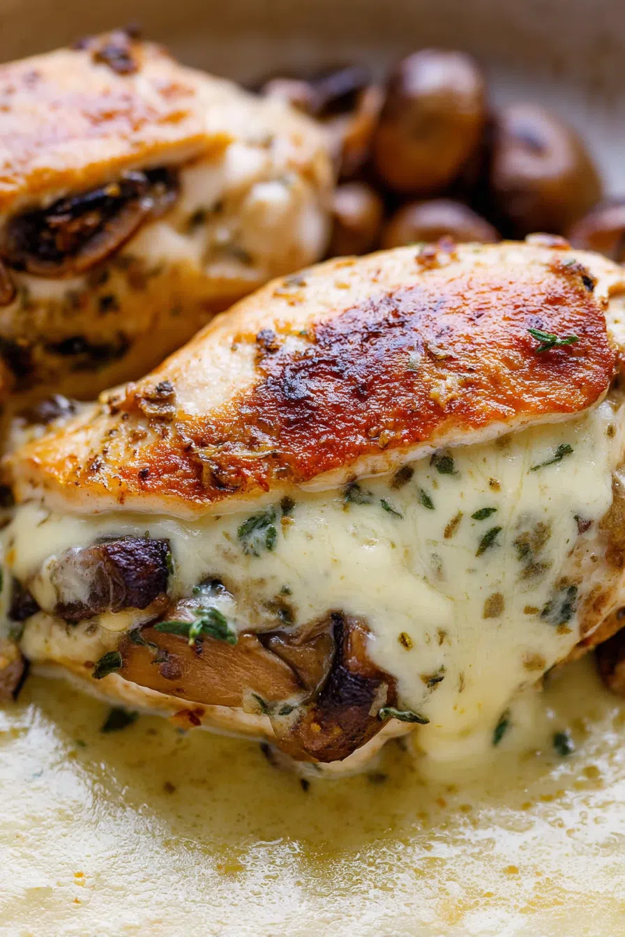 Close-up of a juicy chicken dish with creamy, melted cheese and sautéed mushrooms inside.