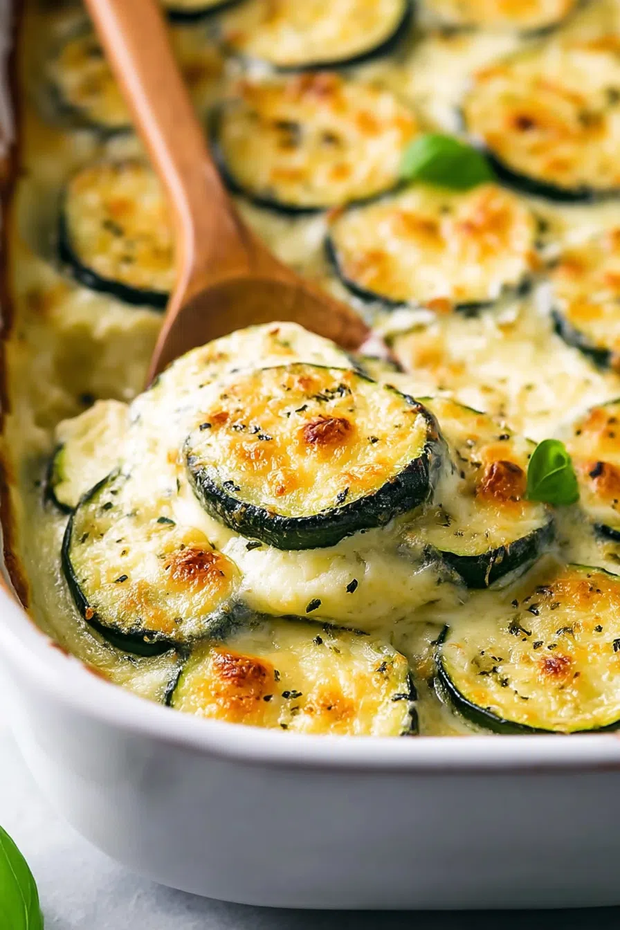 Close-up of a creamy, layered side dish topped with melted cheese.