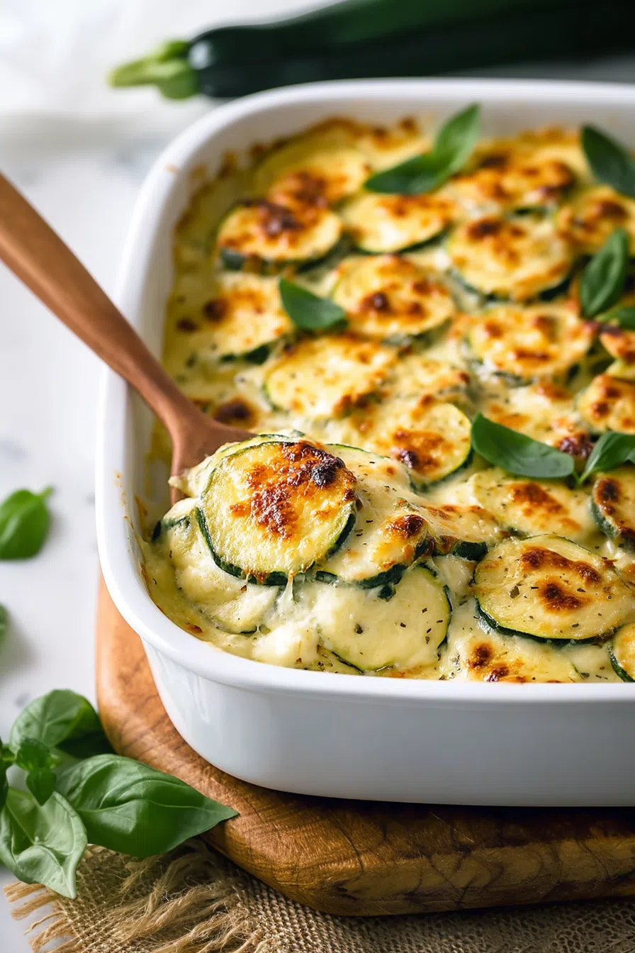 Golden-browned vegetable bake served in a white casserole dish.