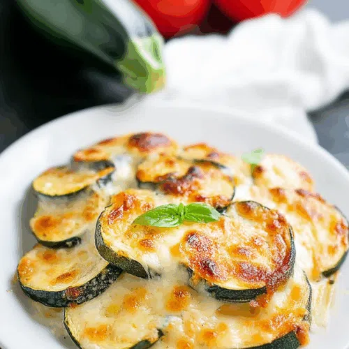 Crispy cheese topping with tender vegetable layers peeking underneath.