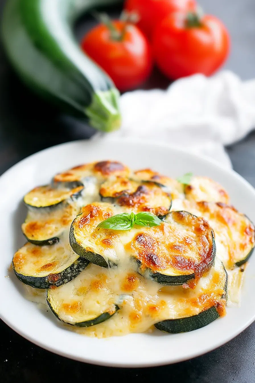 Crispy cheese topping with tender vegetable layers peeking underneath.