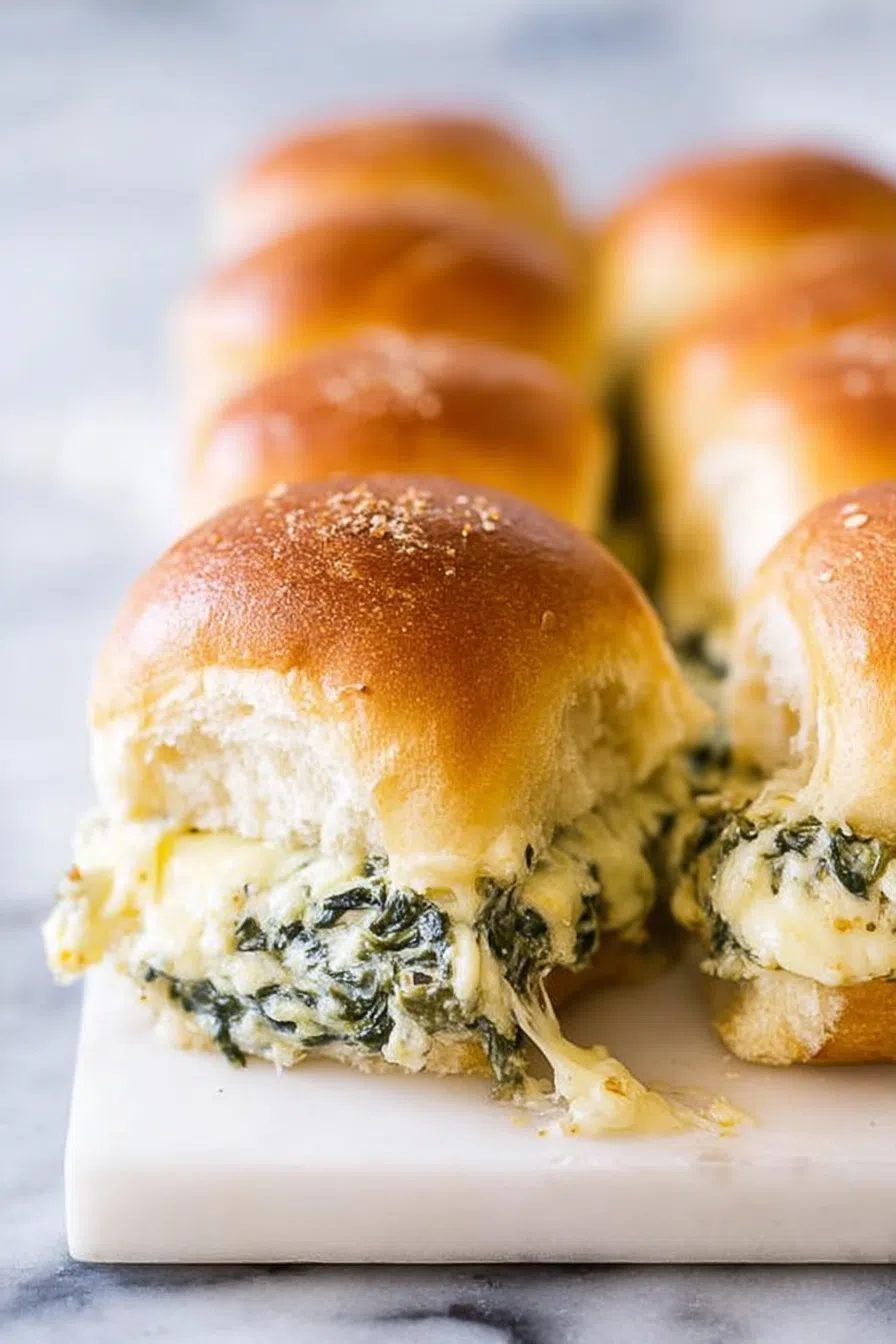 Close-up of a hand pulling apart a slider with gooey filling stretching between buns.
